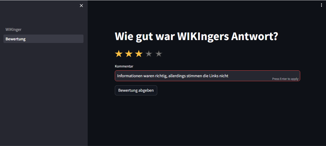 Feedback functionality of the AI-based chatbot WIKInger