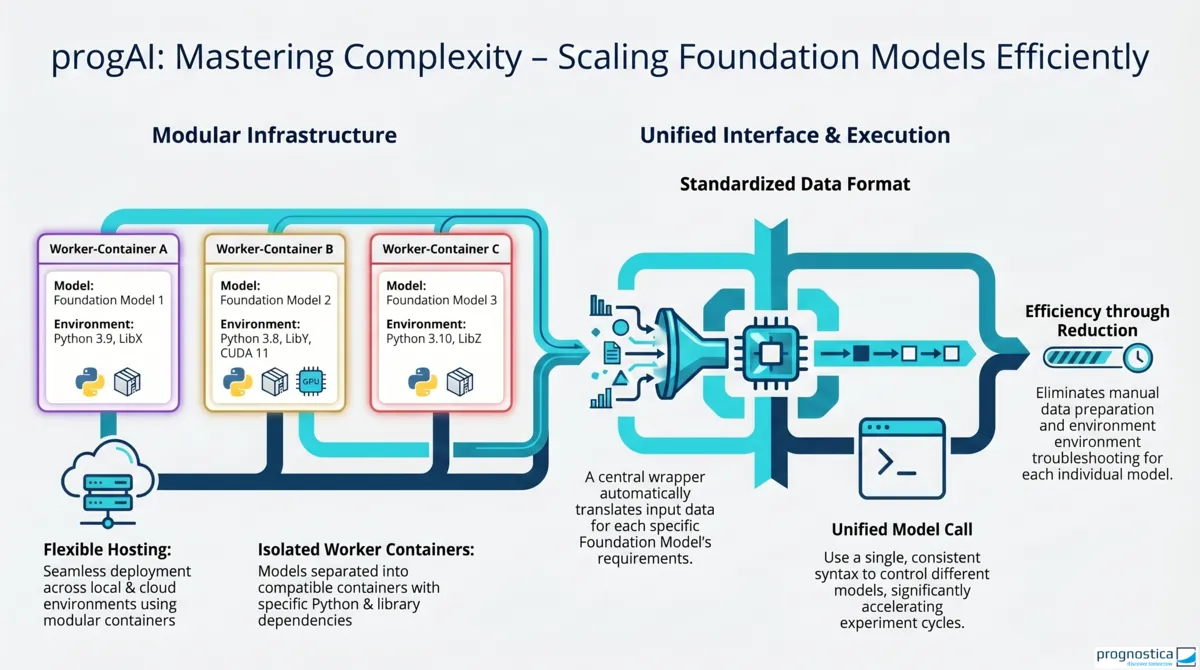 Infographic of the progAI architecture with separate worker containers for different foundation models, a standardized data format, and a uniform interface for identical model calls.